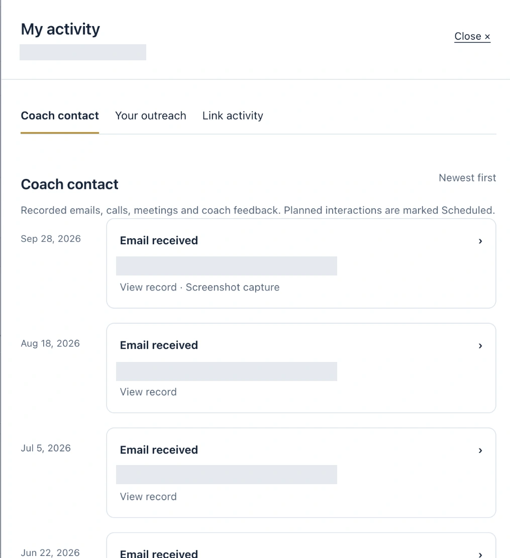 Recorded coach-contact history organized by date. School and staff attribution hidden.
