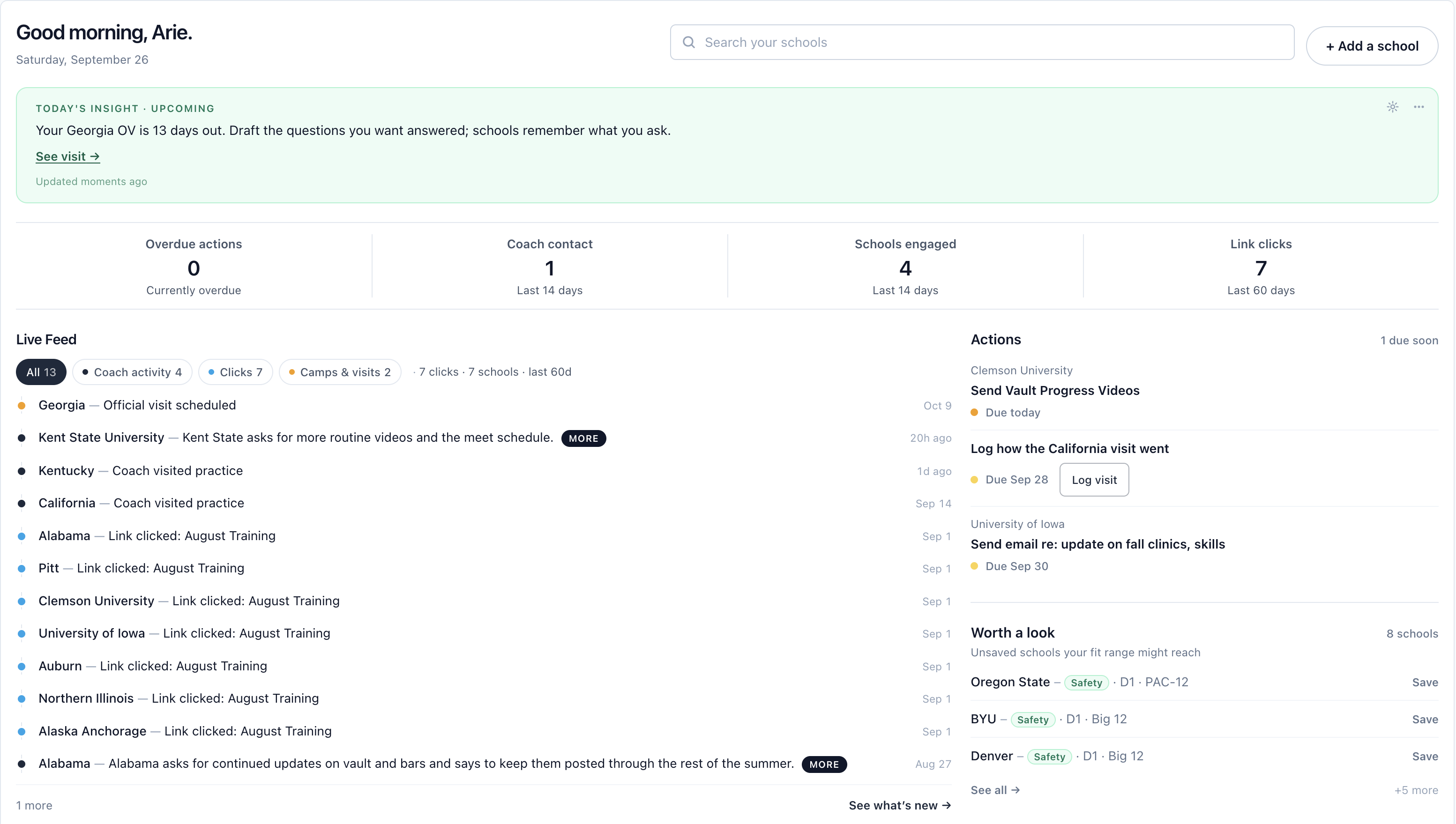 Yorra Home shows an upcoming-visit insight, school activity feed, follow-up actions and schools worth a look.